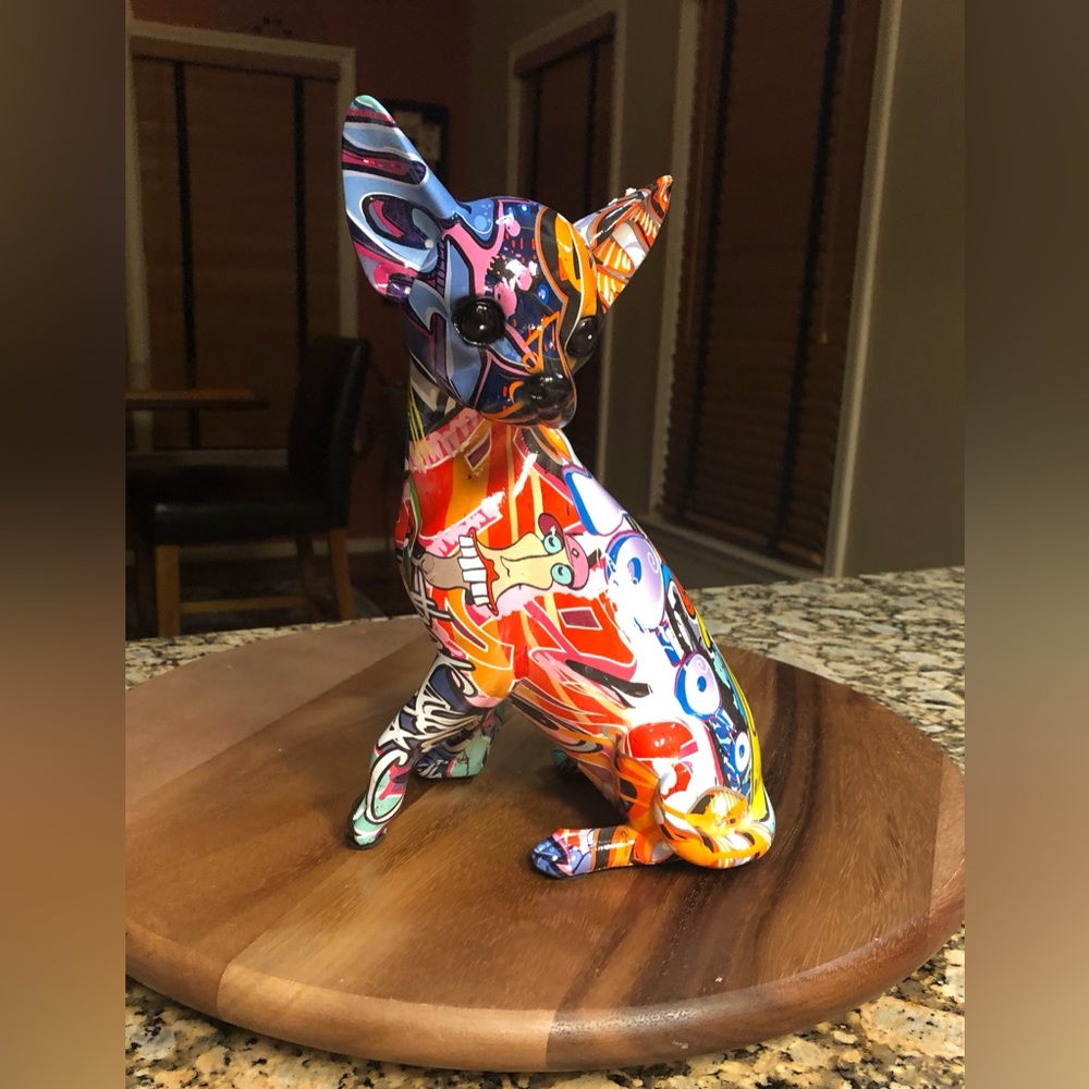 Sculpture; Water Transfer Resin; Chihuahua; Graffiti Motif; 9.8”Tx6.3”Lx5.5”W - Picture 1 of 6